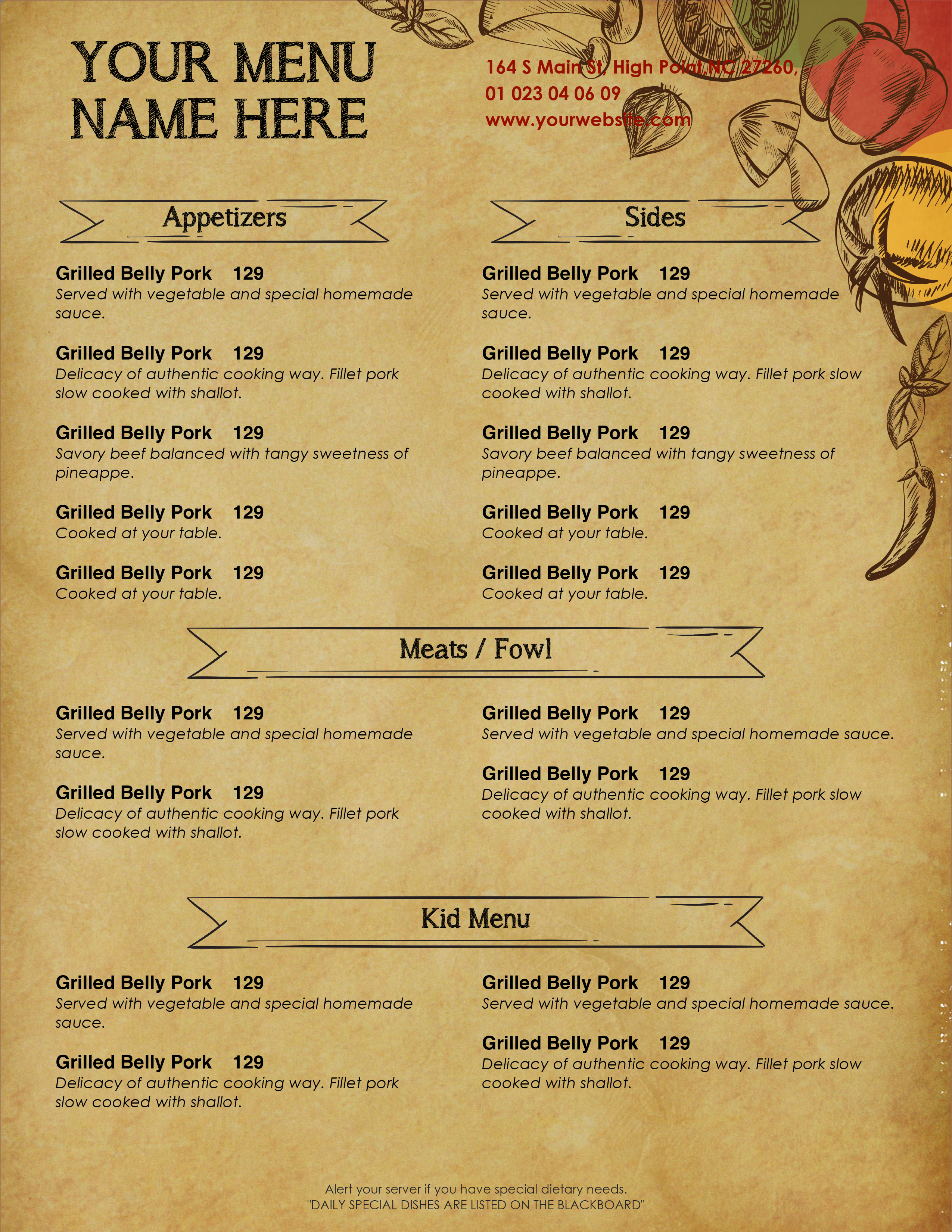 Free Food Menu Template Word