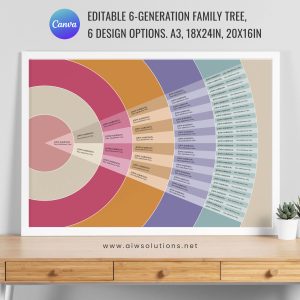 Editable 6 Generations Family Tree Fan Chart Canva Template | Modern Wedge Family Chart