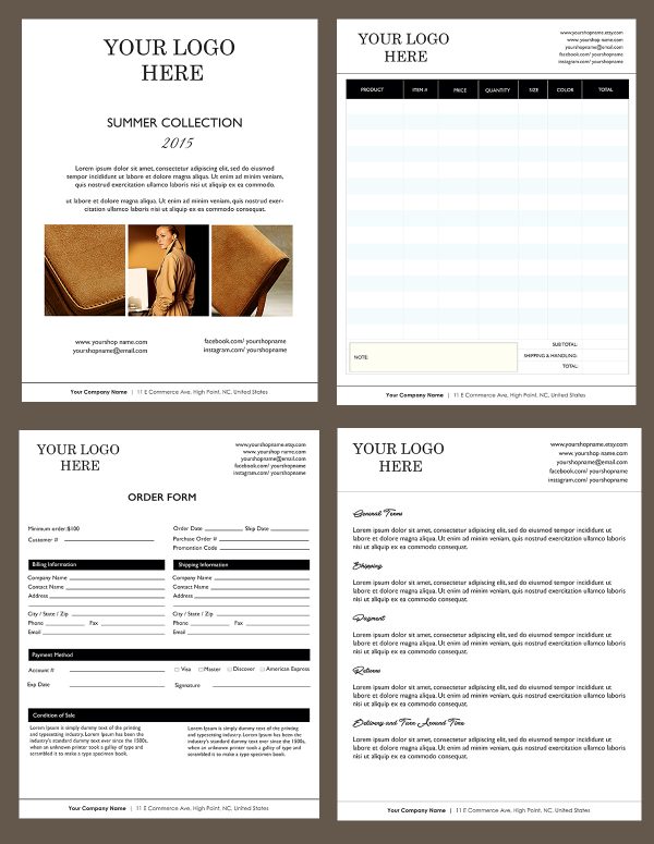 Materials: photoshop, Microsoft Word, Line Sheet, Wholesale Catalog template, cover page, order form