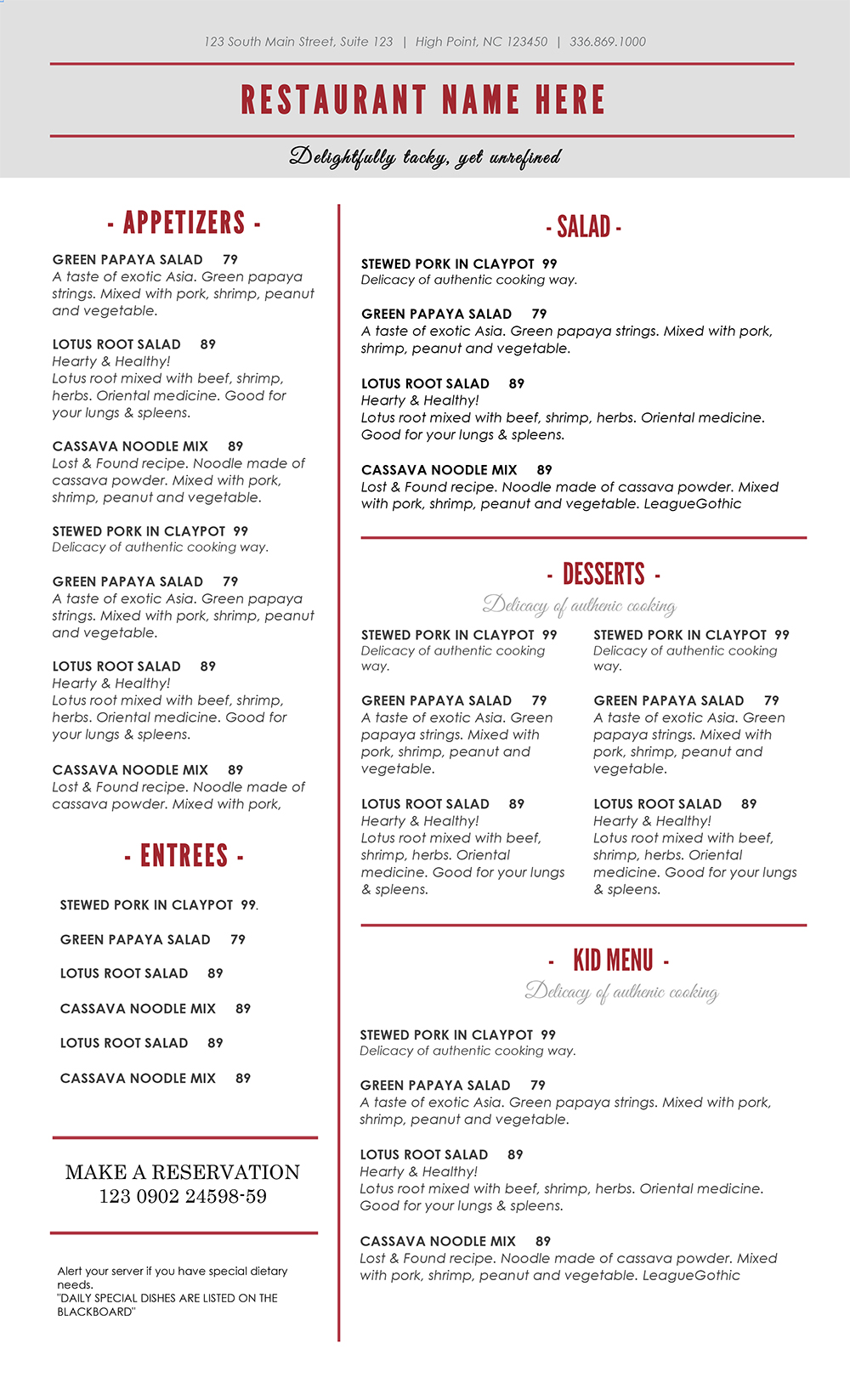 Free Printable Restaurant Menus