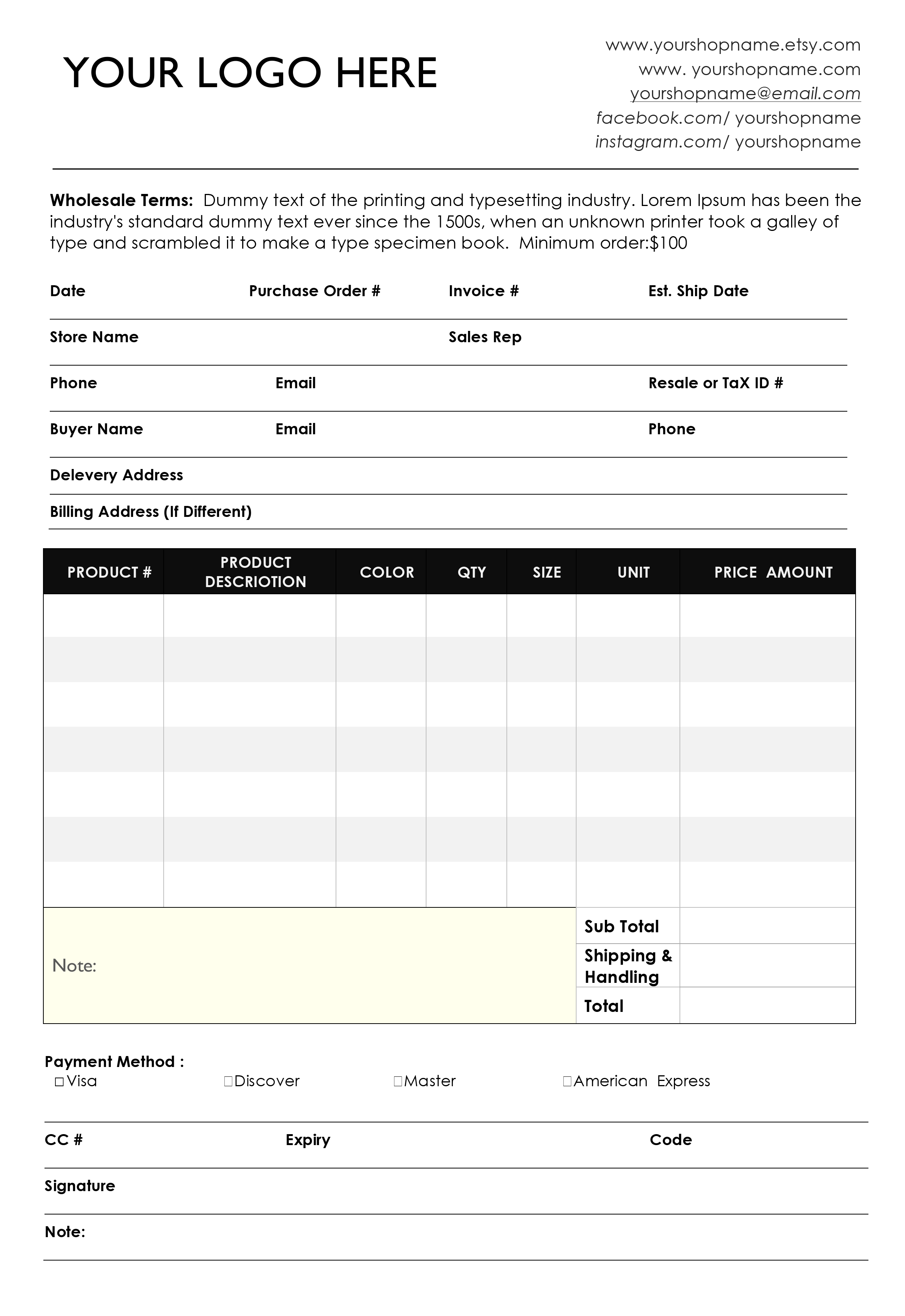 Line-sheet & Sales order forms — Apparel Manufacturing and