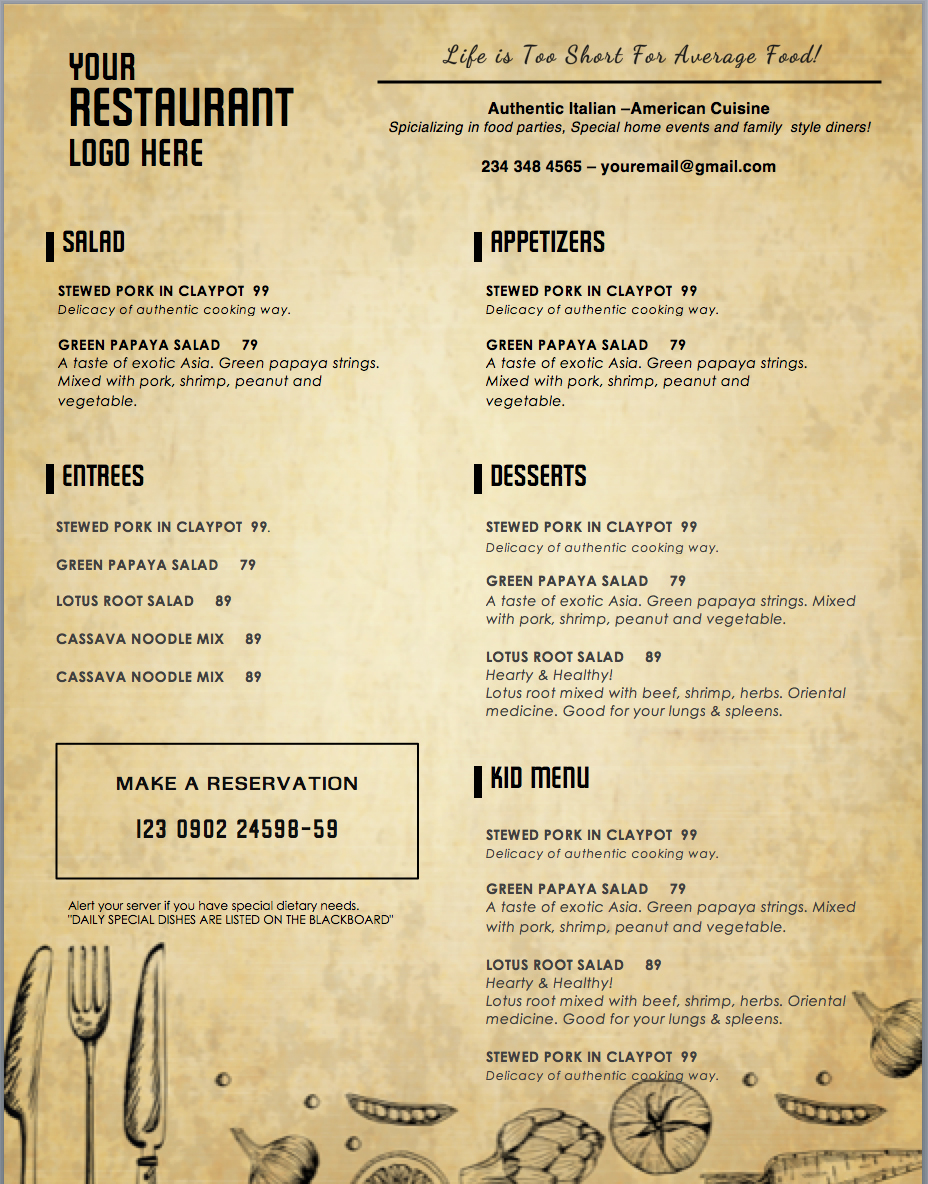 italia food menu template