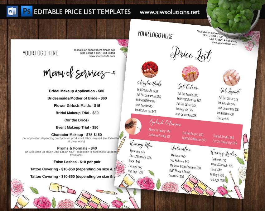 beauty product pricing list menu list