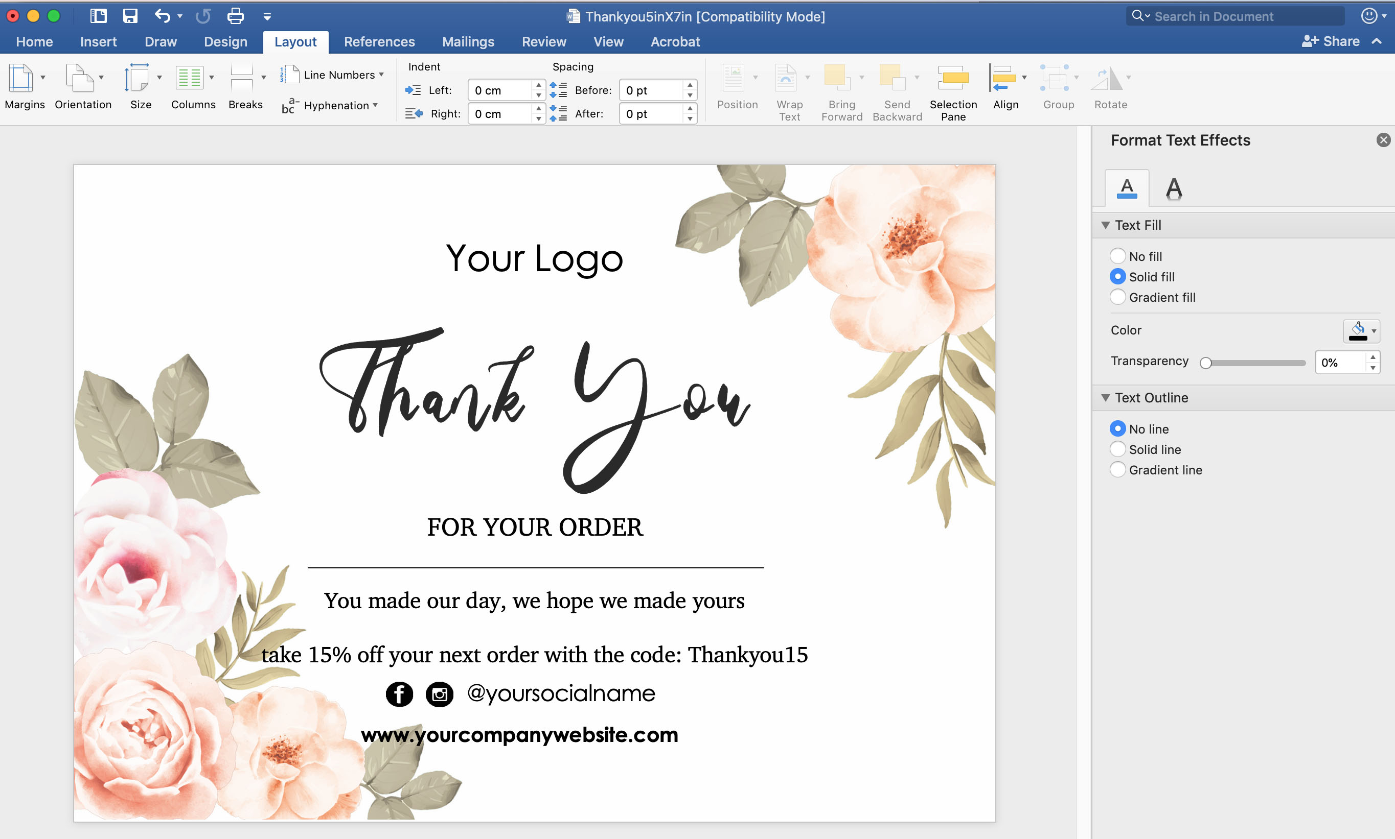 Thank You Card Template Free Download Word