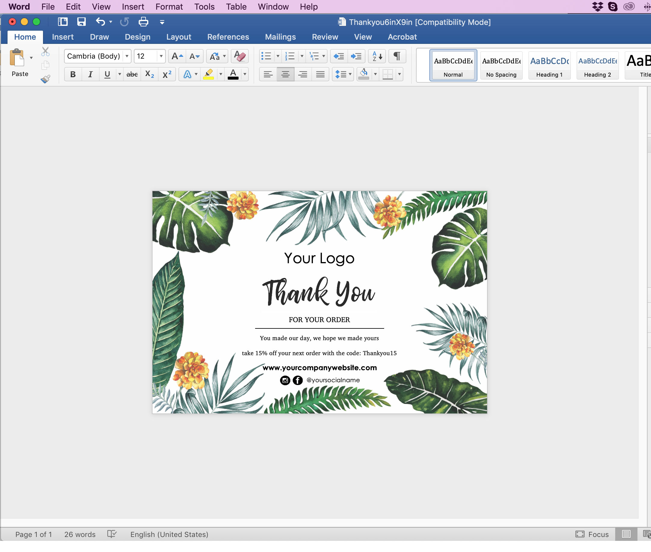 EDITABLE THANK YOU CARD