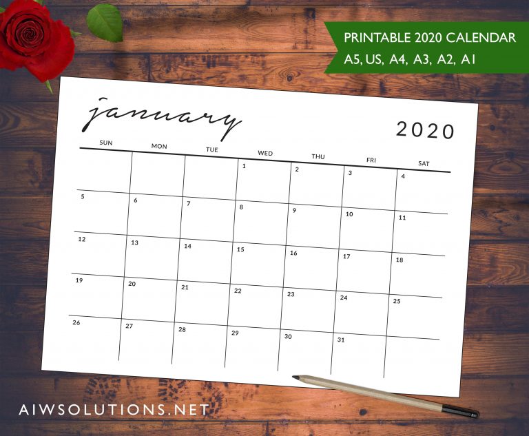 printable simple and elegant calendar 2020