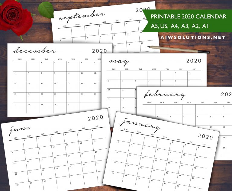 printable simple and elegant calendar 2020