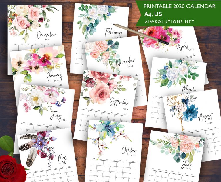 printable simple and elegant calendar 2020