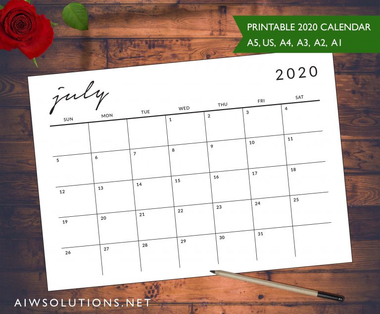 printable simple and elegant calendar 2020