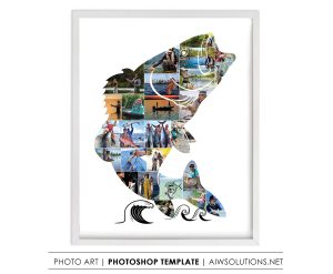 Fishing photo collage template, Bass fish shape,  fisherman present