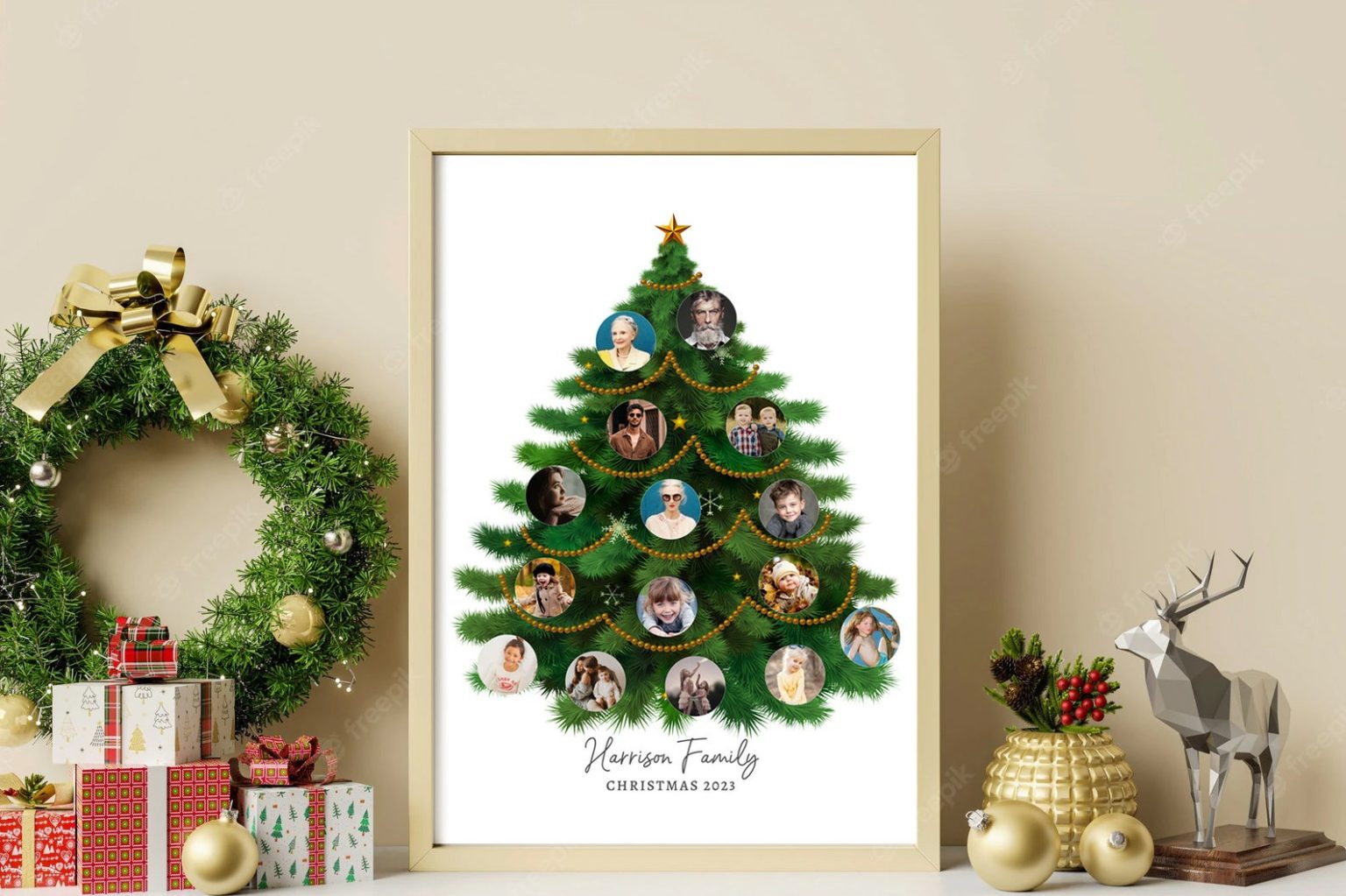 Christmas Eve art gift, Christmas tree shape photo collage template,