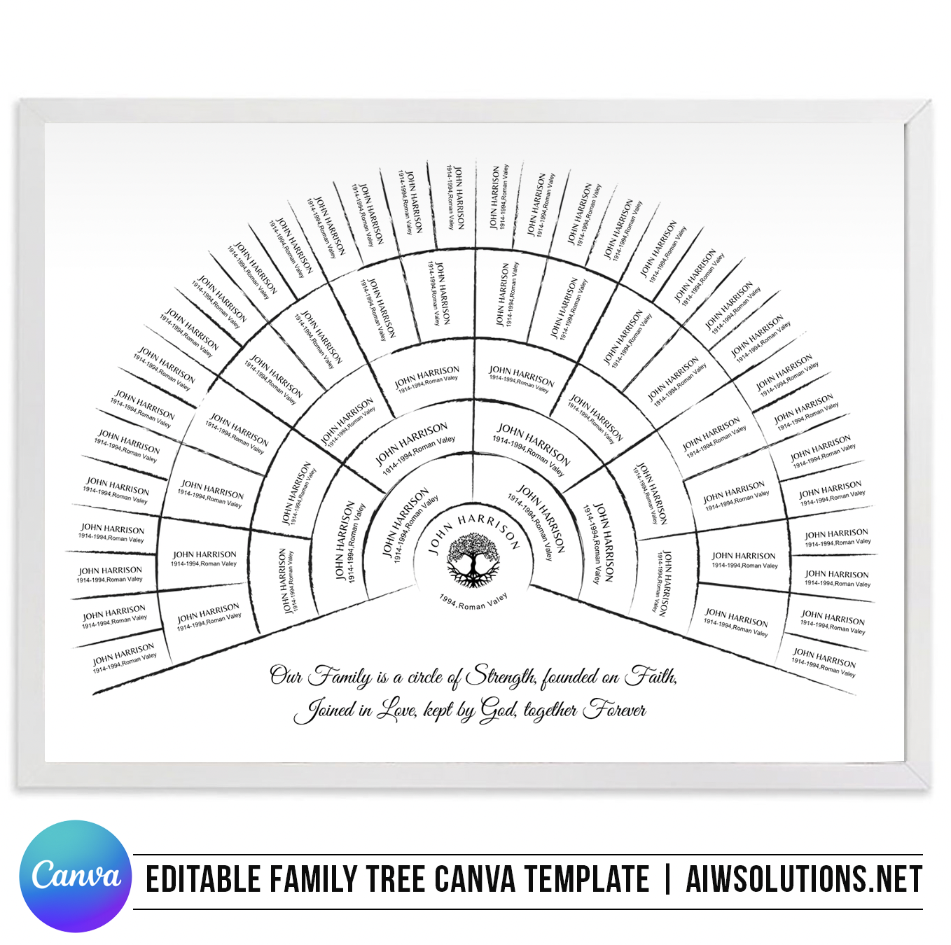 A2 Fan / Half Circle Family Tree Chart (Family History / Genealogy Chart)