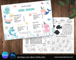Cute kid menu with Sea animals - Kid’s Activity Placemats for Restaurants- id43