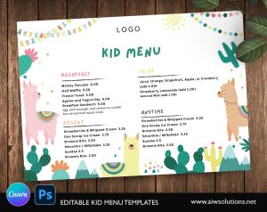 Cute kid menu with cactus and llama - Canva & Photoshop Template - id42