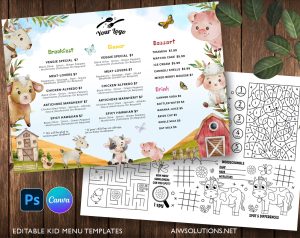 Cute Farm animals Kid’s Menus - Children’s Activity Placemats for Restaurants- id45