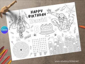 Editable Spiderman Coloring Placemat, Hero Birthday coloring ID04