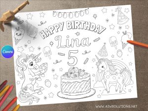 Editable Pony Activity & Coloring Page, editable birthday coloring page for kid girl-id01