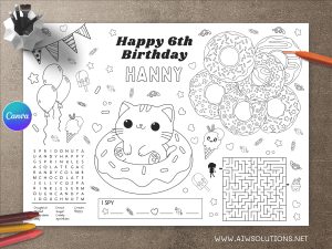 Personalized Cat and donut Activity & Coloring Page-ID07