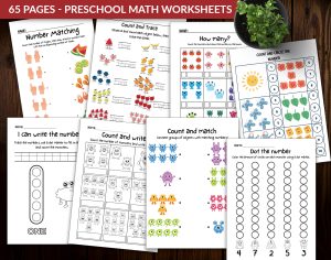 65 pages Preschool Math Worksheets, Counting Games for Kids, Math Learning for Toddlers, Interactive Math for Preschoolers - ID04