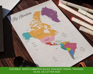 Editable Canva North and South America sales map coloring page,road trip map,Travel Map Tracker