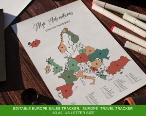 Editable Europe sales map coloring page, Canva Europe road trip map, Europe adventure map tracker