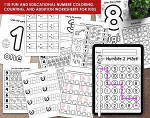 110 Printable Pages of number coloring worksheets for kids, counting worksheets for toddlers, addition worksheets for preschool, printable math worksheets for kids  ID06
