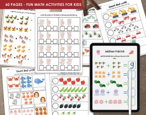 60 pages Preschool Math Worksheets, Early Math Worksheets, Toddler Math Games, Math Learning Activities for Kids