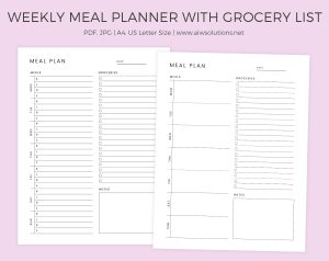 Weekly Meal Planner with Grocery List Printable Template, 7 Day Menu Plan printable, Food Planner printable