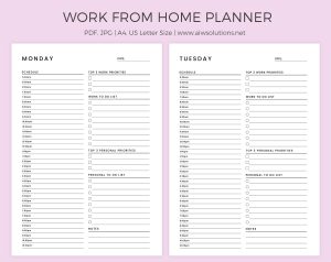 Work From Home Planner, Personal Daily Planner, Daily Hourly Planner, Work Tracker