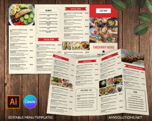 Takeout Menu Template, Canva quad fold menu template, restaurant menu template, foldable menu design, 4 panel menu  ID35