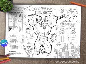 Editable Birthday Hulk coloring page, superhero coloring activities, Hulk-themed coloring activity page  ID11