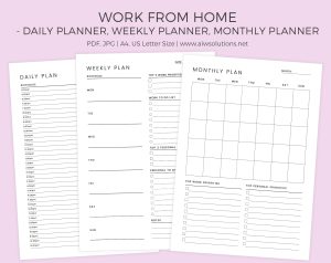 Work From Home planner Template- Daily Planner, Weekly Planner, Monthly Planner