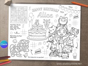 Editable Gabby’s Dollhouse Coloring Placemat, Dollhouse Birthday Coloring Activity Page  ID10