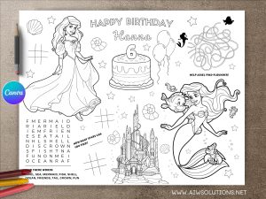 Ariel birthday activity coloring, mermaid birthday activity coloring, under the sea coloring, princess Ariel coloring, kid girl birthday coloring page