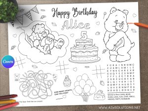 Editable Care bear coloring, care bear birthday, care bears party, care bear printable, birthday activity page, ID17