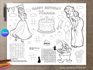 Snow White activity birthday coloring page, Snow White printable coloring page, Disney princess coloring, birthday activity for girl kid