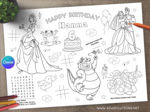 Editable Princess and the frog Coloring Placemat, Tiana Coloring Activities Page, page  ID20