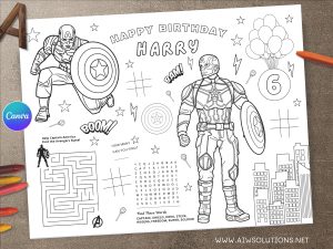 Editable Captain America Coloring Placemat,  Superheroes birthdayColoring Activities Page,Marvel heroes birthday activity page  ID13