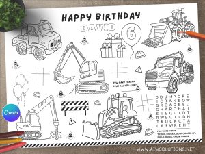 construction birthday Activity coloring, Excavator coloring, dump truck coloring, bulldozer coloring, boys birthday activity