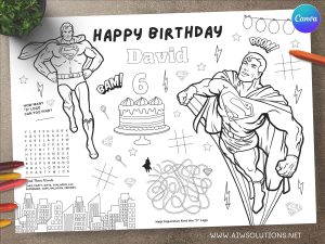 Superman birthday Coloring Placemat, Superheroes birthday Coloring Activities Page, ID14