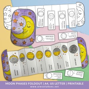 phases of the moon craft, moon phases activity for kids, moon phases foldable,space learning craft