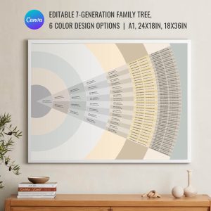 Editable 7 Generations Family Tree Fan Chart Canva Template | Modern Wedge family chart ,modern genealogy chart