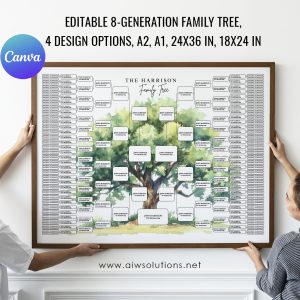 Editable 8-Generation Family Tree Chart, Canva Template, ancestry printable,family tree chart, editable family tree Genealogy Ancestry Chart