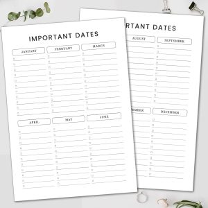 Family Important Days, 12 month important dates chart, printable family events calendar