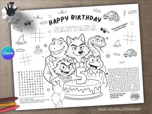 Bad Guys Birthday Coloring Placemat, Editable Canva Template, Kids Party Activity Printable, Custom Name PDF